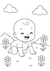 coloring book baby crawling on grass surrounded by flowers