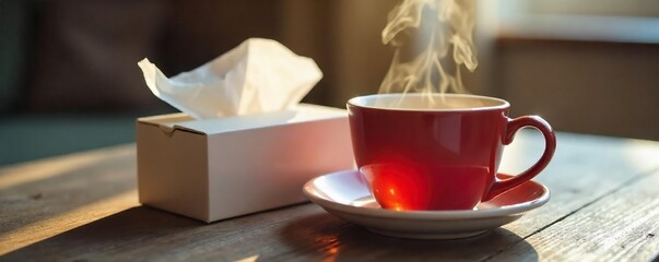Close-up of a steaming mug of tea beside a tissue box, indicative of a winter cough and cold remedy Perfect for illustrating seasonal illness and self-care , bronchitis, cough