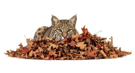 Bobcat hiding in a pile of autumn leaves isolated on white background, a wild feline predator