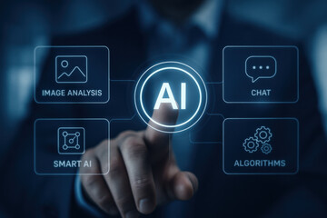 Artificial intelligence concept with finger pointing on digital interface with icons