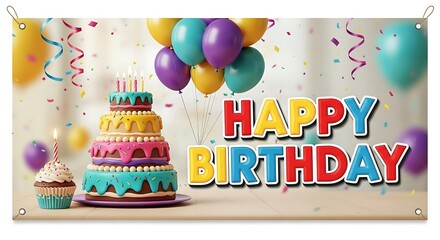 A colorful birthday cake with balloons and confetti for a celebration