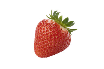 A single, ripe strawberry with green leaves, isolated on a transparent background. background removed