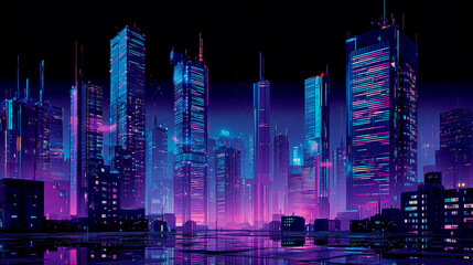 Futuristic cyberpunk cityscape with neon-lit skyscrapers in glowing blue and purple tones reflecting on wet streets at night
