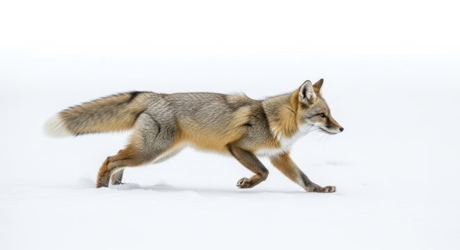 Gray fox walking in the snow isolated on white background