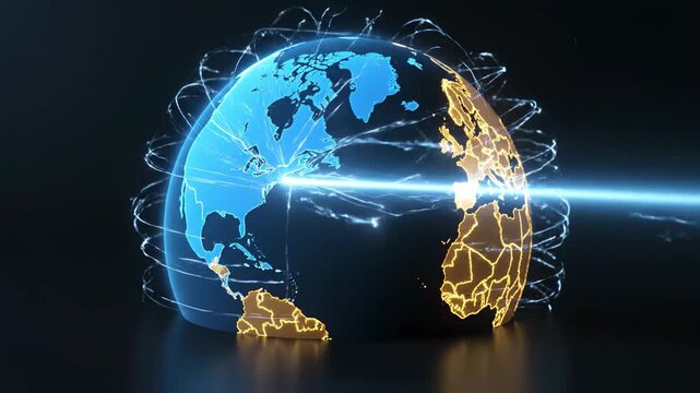 Global Trade and Partnership - A 3D animated globe showcases a bright beam connecting North America and Europe, symbolizing international trade and collaboration.