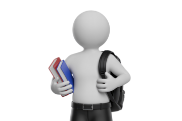 A 3D rendered student figure holding books and a backpack, ready for class. background removed