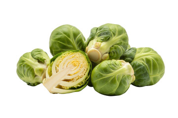 Fototapeta premium Close-up of fresh Brussels sprouts, one cut open to reveal its inner layers, isolated on a transparent background. background removed