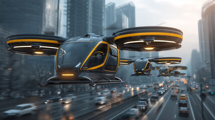 Obraz premium Futuristic flying cars hovering over a busy city street with high-rise buildings and modern traffic infrastructure 