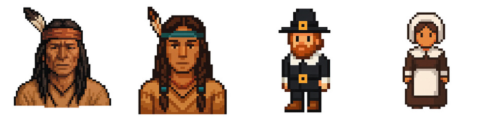 Fototapeta premium Pixel art symbols characters represent thanksgiving festival with native and pilgrim people in traditional clothing