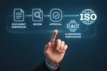 Naklejka premium Hand pointing digital icons for document submission, review, approval, AI verification