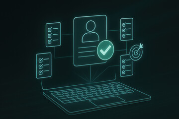 Digital recruitment concept with laptop and holographic profile and checklist icons