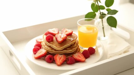 Romantic Valentine's Day Breakfast in Bed - A delicious breakfast tray featuring a stack of pancakes topped with heart-shaped strawberries and raspberries, served with orange juice and a single rose. - Powered by Adobe