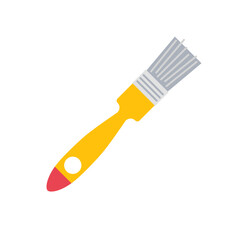 Colorful painting brush with a yellow handle and silver bristles rests on a white background