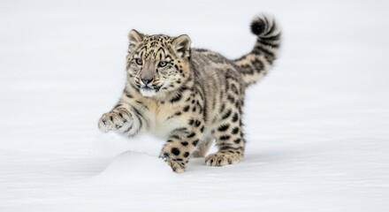Obraz premium A playful snow leopard cub is running in the snow with its tail up in the air