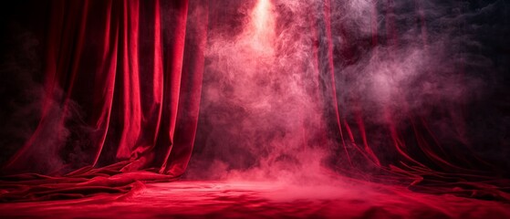 Dramatic Red Velvet Stage with Ethereal Fog and a Single Spotlight Beam