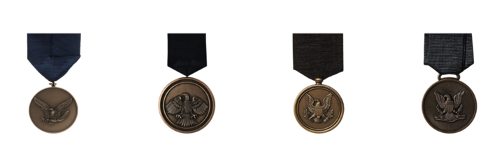 Military Medals With Eagle Emblems Set. Honor And Recognition Collection Isolated On Transparent Background