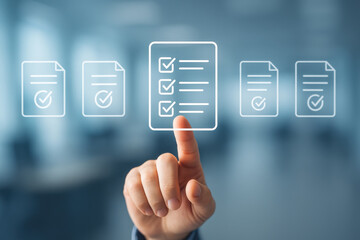Checklist document selection concept with hand pointing on digital screen