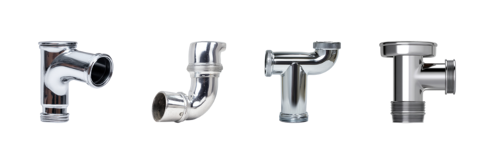 Chrome Plumbing Pipe Fittings Set. Essential Components For Plumbing Systems Collection Isolated On Transparent Background