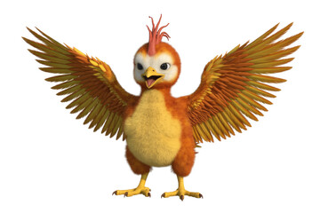 Obraz premium A cheerful, cartoonish bird with orange and yellow feathers, wings spread wide, on a transparent background. background removed