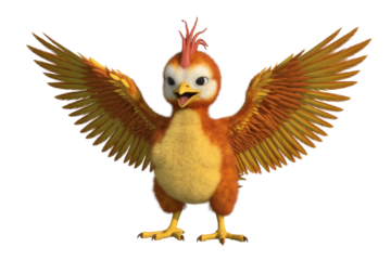 A cheerful, cartoonish bird with orange and yellow feathers, wings spread wide, on a transparent background. background removed