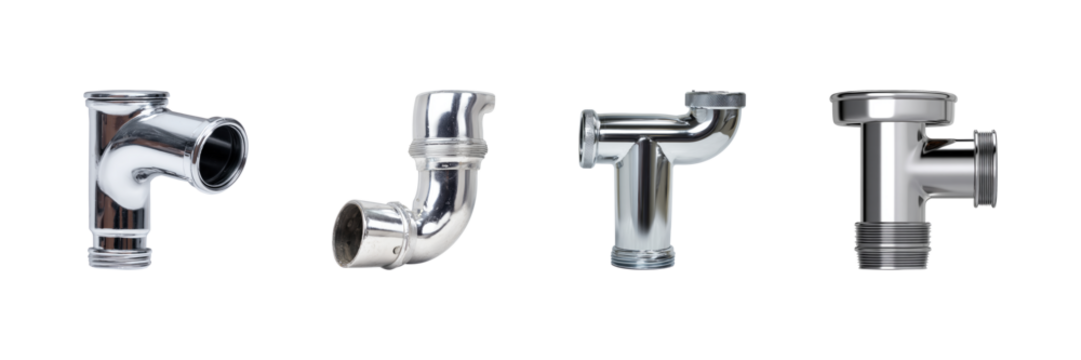 Chrome Plumbing Pipe Fittings Set. Essential Components For Plumbing Systems Collection Isolated On Transparent Background