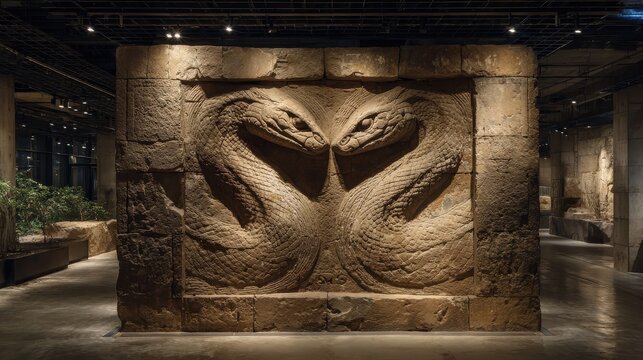 Paleontological discovery of a rare two-headed serpent fossil emerging from rock formation.