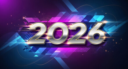 Silver chrome 2026 number on dynamic blue and purple futuristic background. New Year event. Holiday celebration concept for banner.