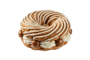 Fototapeta premium Cream puff pastry ring with swirls of white icing, filled with whipped cream and chocolate balls. background removed