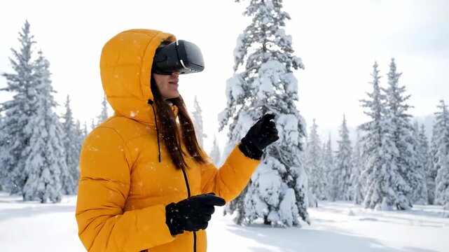 Woman in VR Headset Exploring Snowy Winter Landscape - A young woman wearing a yellow jacket and VR headset experiences a snowy winter scene.