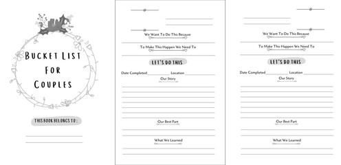 Couples Bucket List Journal Pages with Floral Wreath and Fillable Sections diary notebook