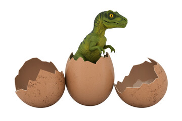 A cute baby dinosaur hatching from a large egg, surrounded by broken eggshells. background removed