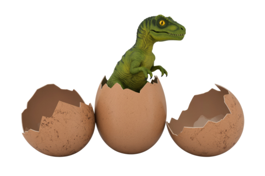 A cute baby dinosaur hatching from a large egg, surrounded by broken eggshells. background removed