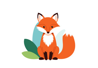 Adorable cartoon fox sitting in front of leaves, perfect for children's books or designs