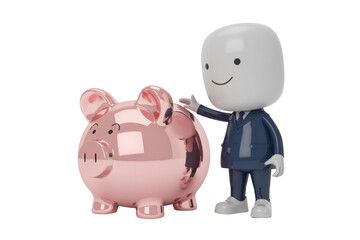 A cute 3D cartoon character in a suit points at a shiny pink piggy bank, symbolizing savings and financial planning. background removed