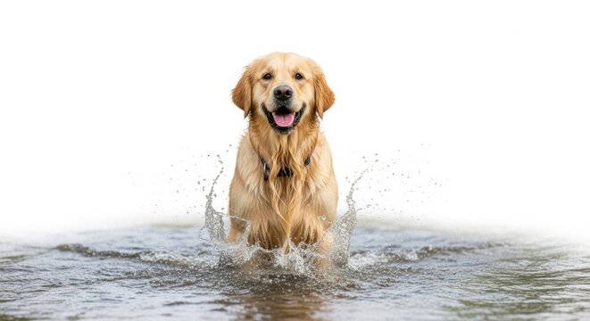 A golden retriever dog is happily splashing in the water isolated on white background - Powered by Adobe