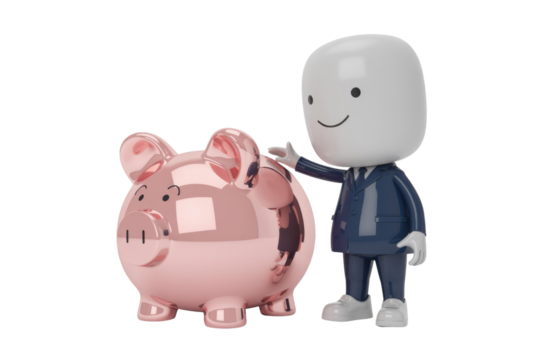 A cute 3D cartoon character in a suit points at a shiny pink piggy bank, symbolizing savings and financial planning. background removed - Powered by Adobe