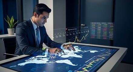 Global Market Analysis - Businessman Using Interactive Digital Table.