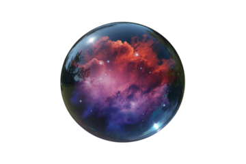 A transparent bubble encapsulates a vibrant nebula, stars scattered across a cosmic landscape. background removed