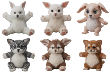 Six adorable plush animal toys: two rabbits, a cat, a fox, and two red pandas, sitting and smiling. background removed