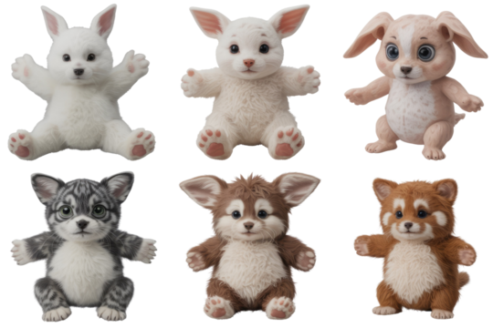 Six adorable plush animal toys: two rabbits, a cat, a fox, and two red pandas, sitting and smiling. background removed