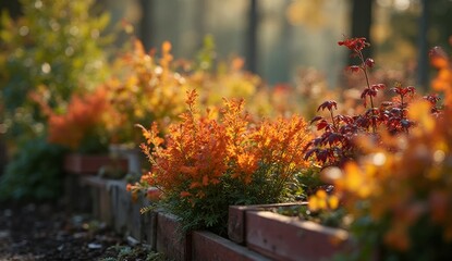 Autumn garden with raised wooden beds and colorful foliage in warm sunlight. Ideal for themes of gardening, seasonal design, eco lifestyle, nature, and sustainability