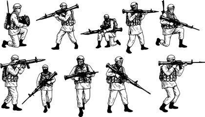 Terrorists - Armed Group with Rocket Launcher - Black Illustration, Vector