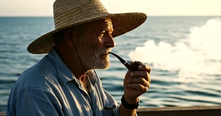 Elderly man smoking pipe by serene waterfront sunset - Powered by Adobe
