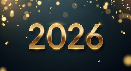 Golden new year 2026 number with bright gold confetti. Celebration holiday concept for greeting card. Event background.