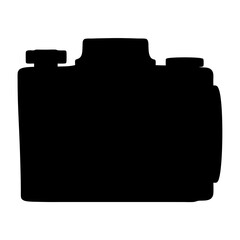 A black silhouette of a vintage film camera on a white background