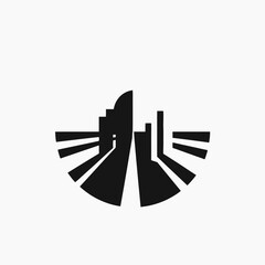 Abstract architectural forms converging with radial design creating an enigmatic city silhouette