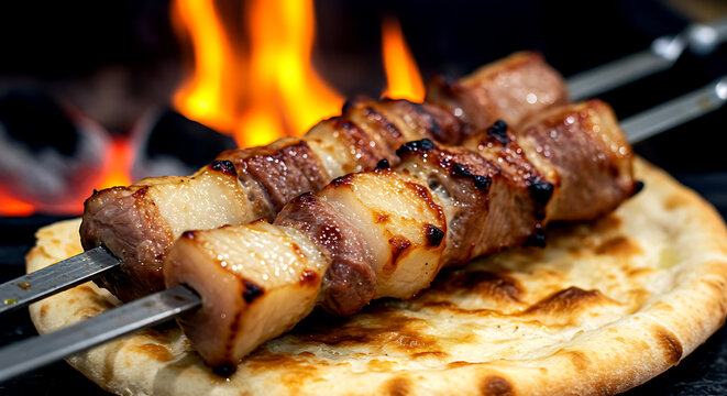 Uzbekistan &ndash; Kazan Kabob (Lamb and Fat Skewers). massive cubes of lamb tail fat (kurdyuk) alternating with lean meat on a steel skewer 