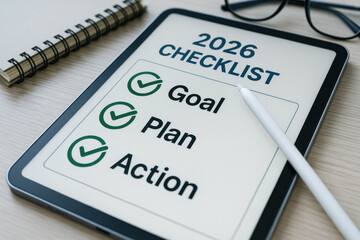 2026 checklist on digital tablet with goal, plan, and action checked for success