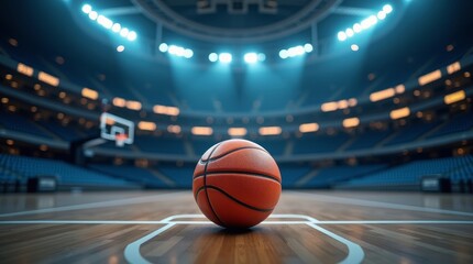Basketball on court stadium lights blue seats arena sports