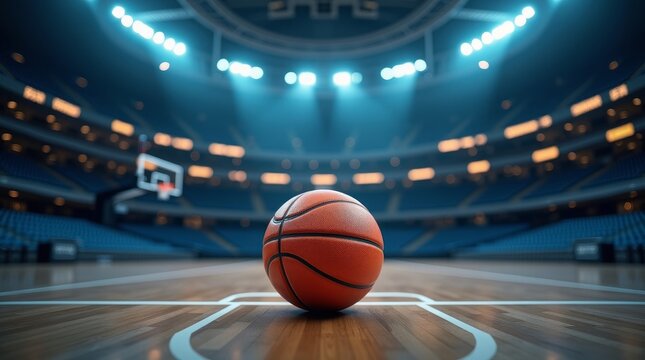 Basketball on court stadium lights blue seats arena sports - Powered by Adobe